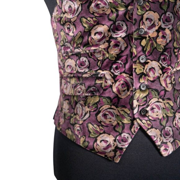 Mens 40R Velvet Vest Purple Green Floral Waistcoat Formal Wedding Party Groom - Picture 7 of 9